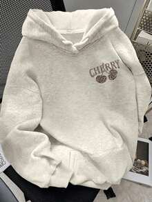Sudadera con capucha femenina abrigada, holgada y versátil con estampado de cerezas, ideal para vacaciones y viajes - Gris - Ver 3