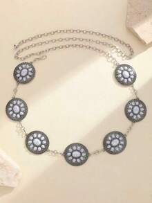 A Round Retro Pattern Turquoise Fashion Temperament Waist Chain, Women's Fashion All-Match Dress Belt, Body Jewelry, Christmas Accessories Waist Chain. Suitable For Spring, Summer, Autumn And Winter, Punk Style. - Round Sun - View 8