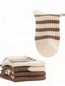 6/12 Calcetines unisex de rayas, varios colores- Calcetas de dama de tripulación con diseño divertido y colores minimalistas. Calceta de dama y caballero con lineas. - Marrón - Ver 7