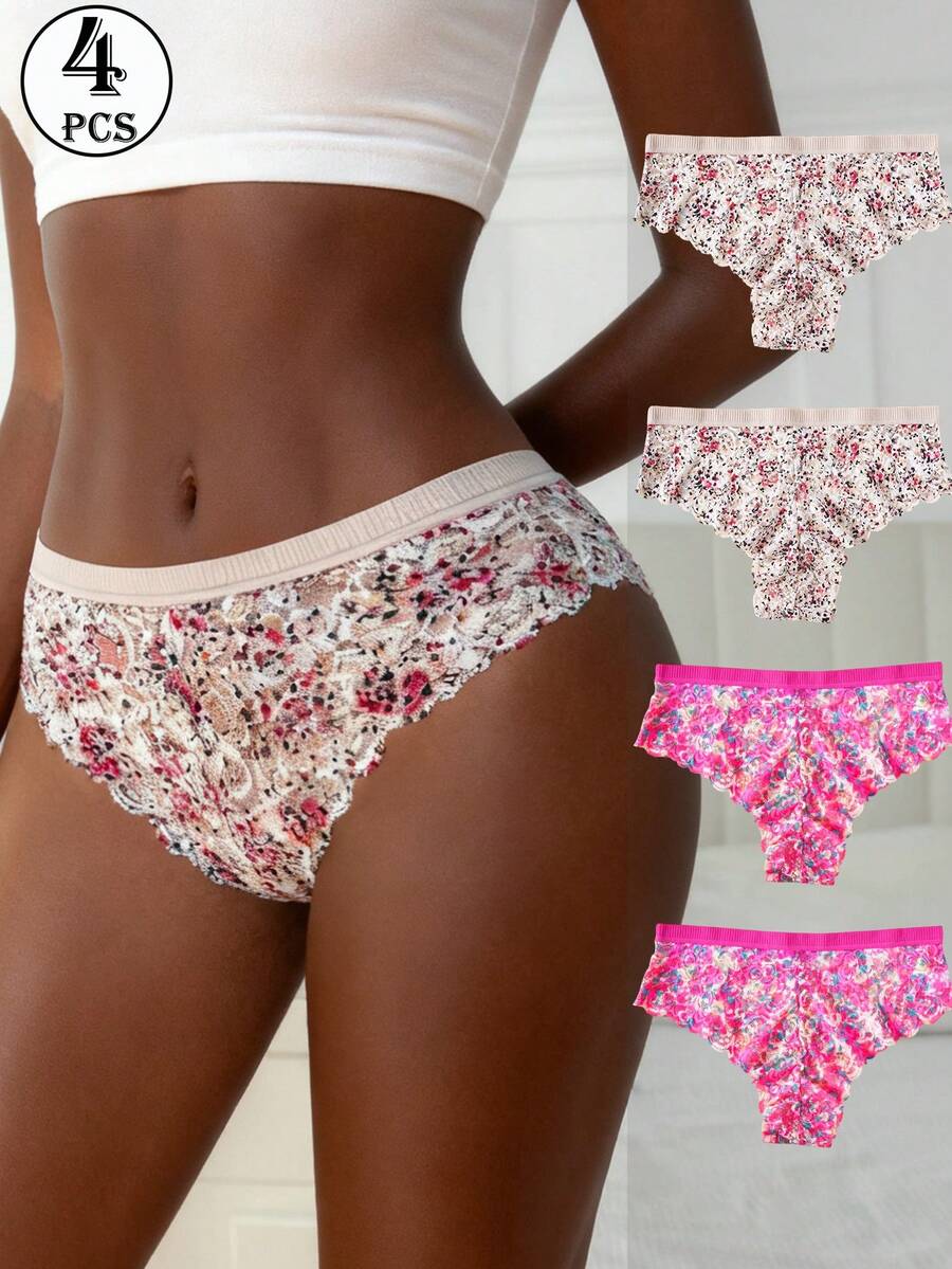 4 Packs Floral Lace Briefs Comfortable Low Rise Panties Set