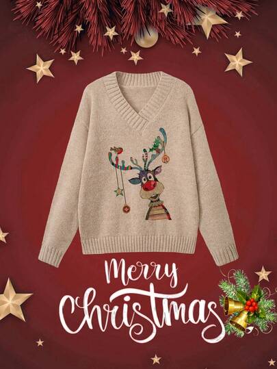 Vintage Deer Print V-Neck Loose Knit Pullover Top, Casual Boho Holiday Party Outfit