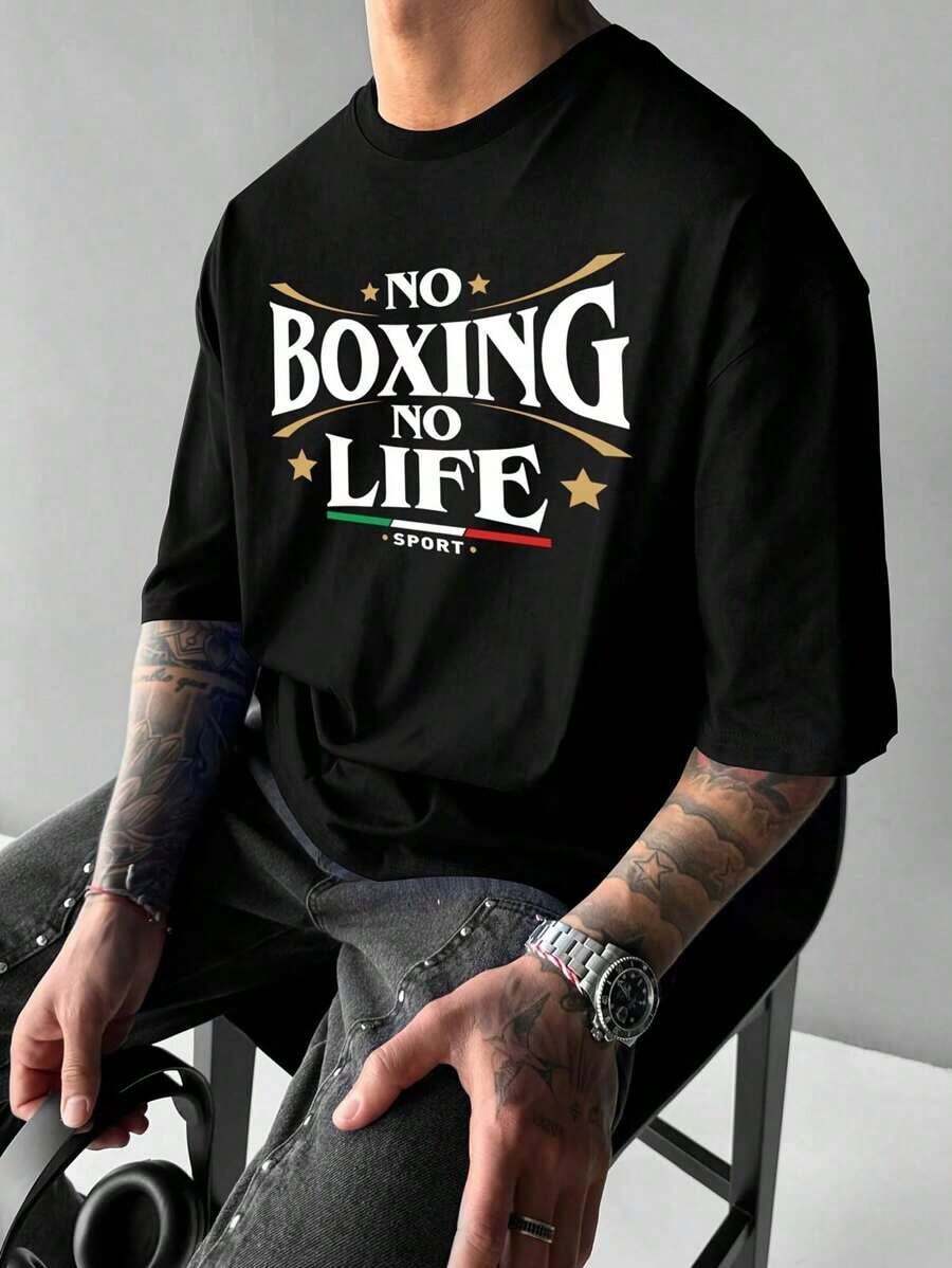 Camiseta para Hombre de Verano: Adecuada para el Transporte Diario Camiseta de algodón negro para hombre con el texto "NO BOXING NO LIFE" - Negro - Ver 1
