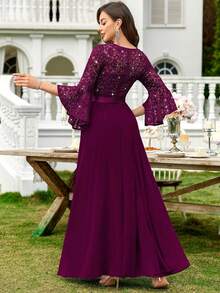 MIUSOL Sequin Floral Lace Flare Sleeve Contrast Chiffon Ruched Hem Formal Party Maxi Dress Wedding Guest Dress Evening Dress - Maroon - View 2