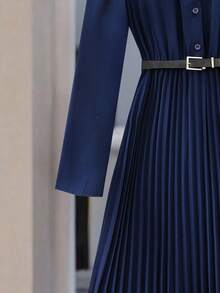 Women's Elegant Pleated Button-Down Long Sleeve Shirt Dress (Belt Not Included), Autumn - Navy Blue - View 4