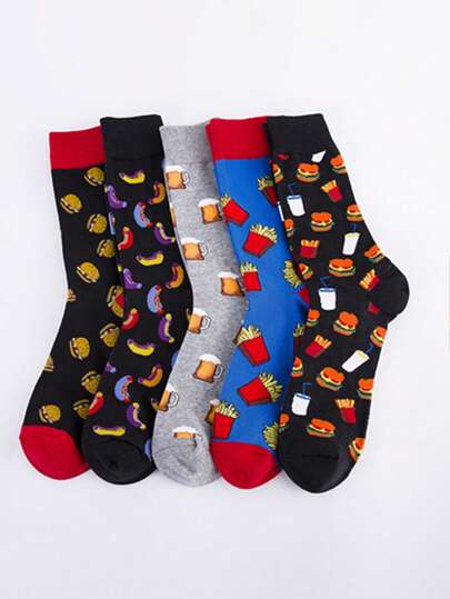 5 Paar Herren Crew Socken, neue stilvolle Lebensmittel Grafik Muster, bequeme weiche Socken, Freizeitbekleidung