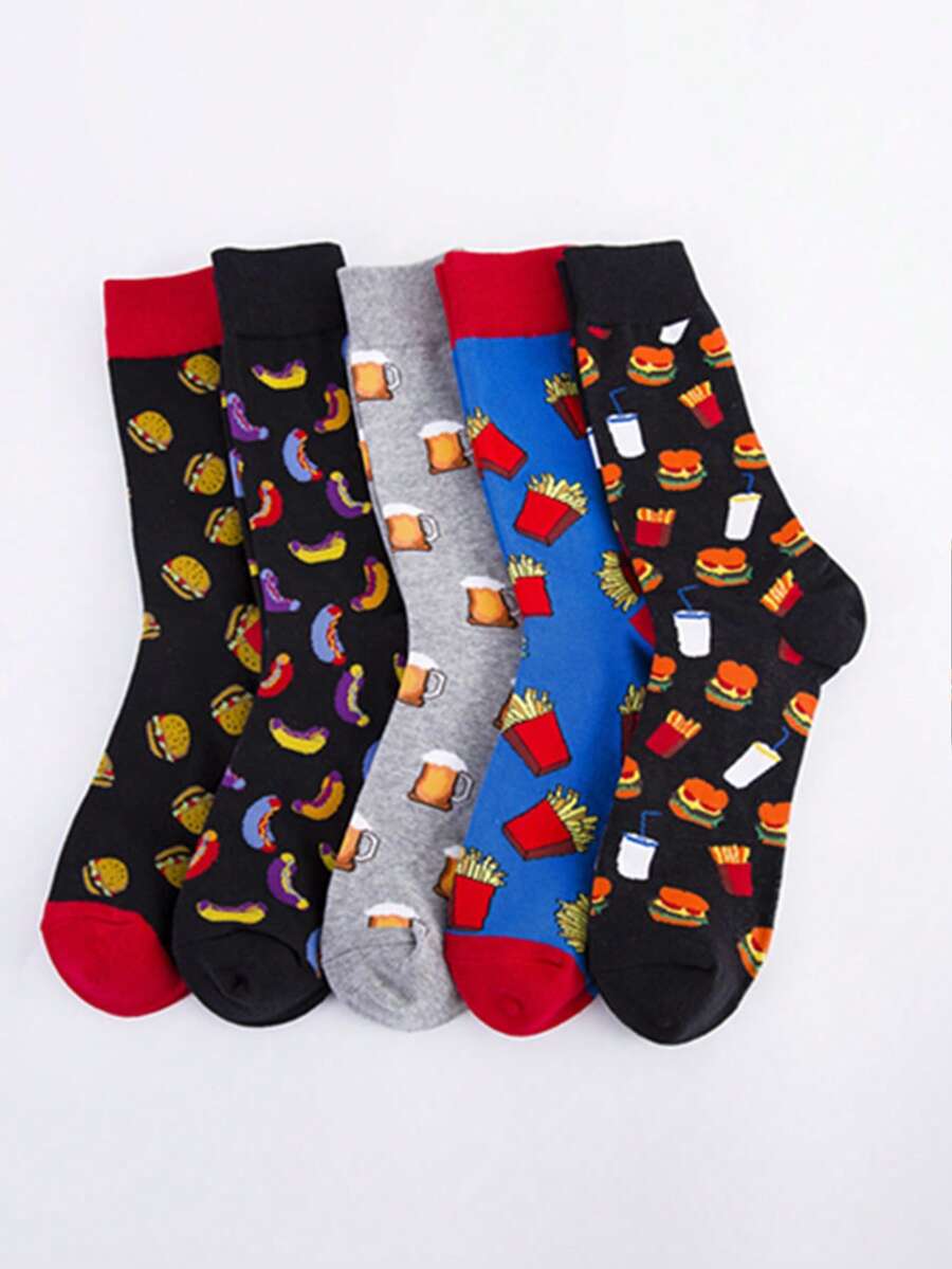 5 Paar Herren Crew Socken, neue stilvolle Lebensmittel Grafik Muster, bequeme weiche Socken, Freizeitbekleidung