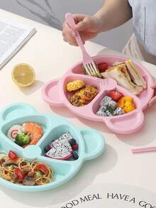 Juego de vajilla infantil de 3 piezas, juego de platos infantiles con plato dividido, cuchara y tenedor, juego de vajilla infantil, juego de alimentación para niños, plato de paja de trigo con diseño dividido, perfecto para niños y niñas que están aprendiendo a comer solos, vajilla infantil para Navidad, cumpleaños, uso diario, accesorio de mesa duradero y elegante - Azul - Ver 3