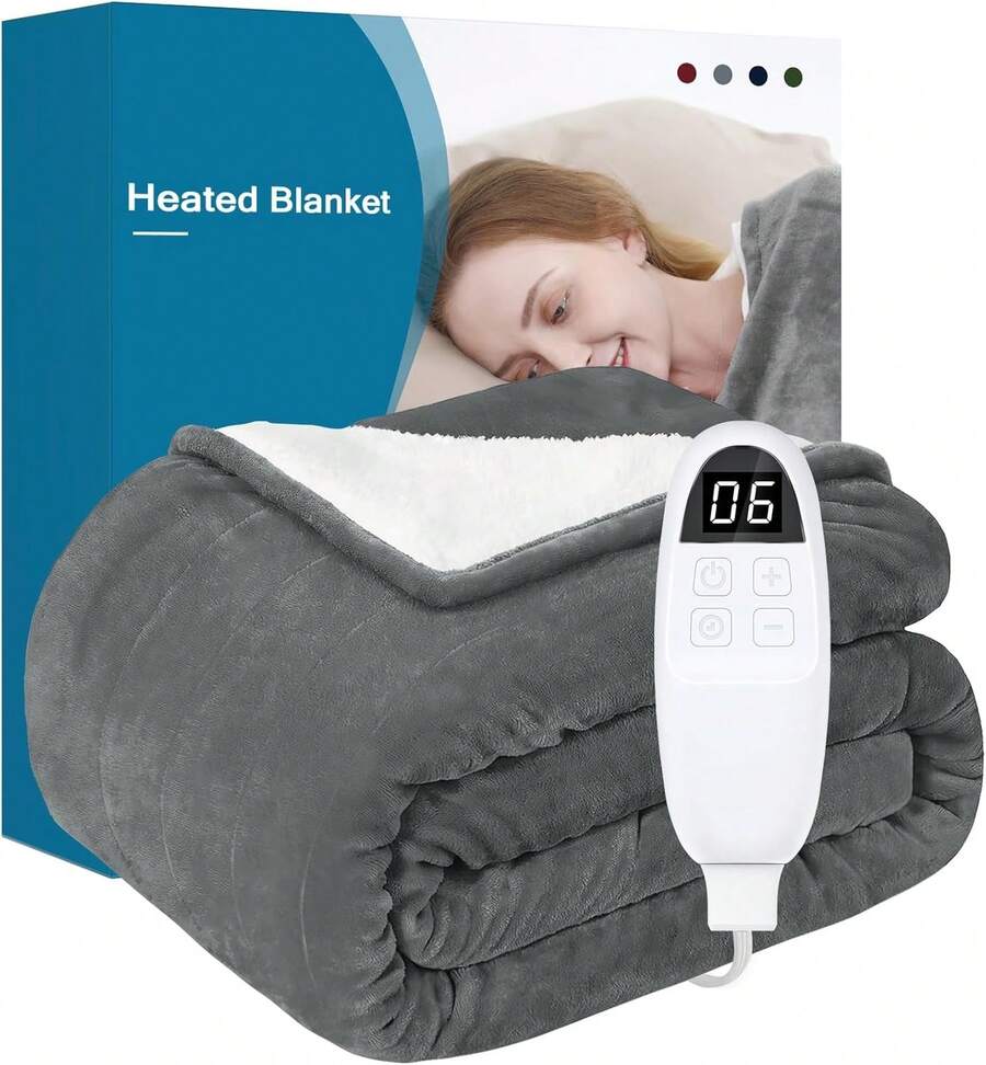 Heated Blanket Electric Throw - Machine Washable Soft Flannel Electric Blanket, Heating Blanket Fast Heating With 4 Timer Setting, 6 Heating Levels & LED Display - Grey - View 1