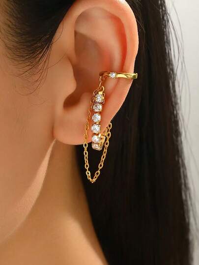 1pc Minimalist Double Chain No Piercing Earrings, Multi-Layer Tassel Zirconia Ear Cuff, Personalized Iridescent, Suitable For Women Daily, Festival, Party, Gift