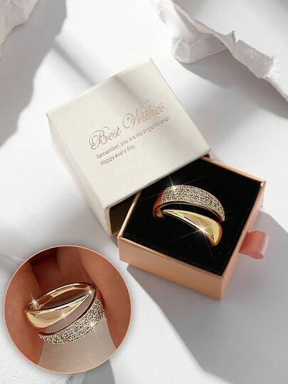 Gift Box Minimalist Cubic Zirconia Geometric Open Ring, Suitable For Women's Engagement, Party Wear, Valentine's Day Gift