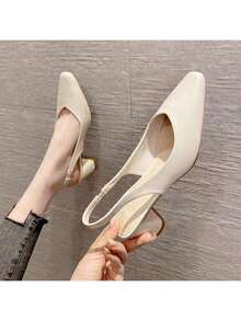 Zapatos de tacón grueso con talón abierto para mujer, sandalias de verano para niñas. - Beis - Ver 2