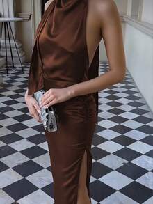 Basrey 新款优雅女士纯色系带腰褶皱露背鸡尾酒礼服，鱼尾裙摆，长款礼服，适合婚礼、派对、约会、情人节及其他场合。