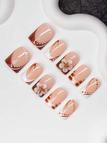 10pcs Square Shaped Handmade Nail Tips, Y2K Baddie Style, Nude & Brown Color, French Tip Design With Floral, Snake Skin, Polka Dot Elements, Shiny Nail Tips, Suitable For Party, Wedding, Daily Wear, Includes Tool Kit, Great Gift For Women & Girls