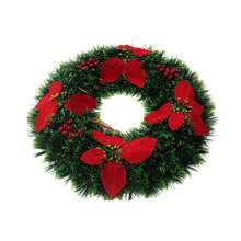 Corona di Natale da 43 cm con fiori rossi e foglie verdi, decorazione natalizia per la porta