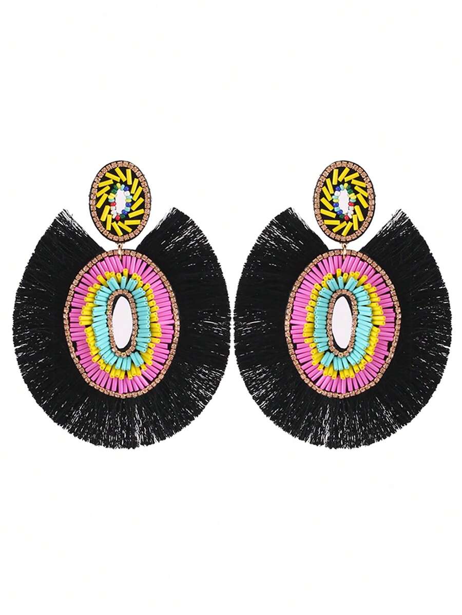 1 par de pendientes de mujer con borlas de forma elíptica de cuentas de vidrio hechas a mano