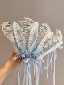 1pc Girls' Fairy Icy Snow Headband, Sweet Princess Ribbon Veil Crown Hair Accessory - Blue - View 5