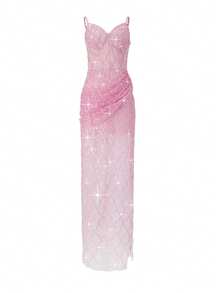 Đầm dạ hội Astony One màu hồng đính sequin thanh lịch, đầm maxi cúp ngực xẻ tà gợi cảm bằng vải lưới xuyên thấu, hoàn hảo cho tiệc năm mới, ngày Valentine, lễ hội hóa trang, lễ hội âm nhạc, tiệc đính hôn, thảm đỏ, lễ tốt nghiệp, tiệc chào mừng và các sự kiện cocktail. - Hồng - Xem 11
