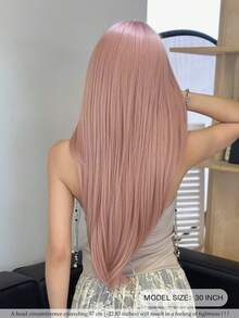 PIAOYUN 长直浅粉色假发，齐刘海，深色发根，耐热纤维材质，自然合成全机织假发，适合日常佩戴、音乐节派对、角色扮演、万圣节及街头摄影等场合。