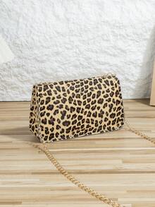 Leopard Print Casual Small Square Bag, Crossbody Chain Strap Animal Pattern Mini Purse - Brown - View 4