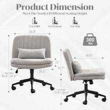 Armless Office Chair With Wheels, Linen Fabric Computer Desk Chair With Wide Seat And High Back, Adjustable Height Swivel Chair With Lumbar Support For Office, Bedroom And Vanity - 亞麻灰 - 查看 2