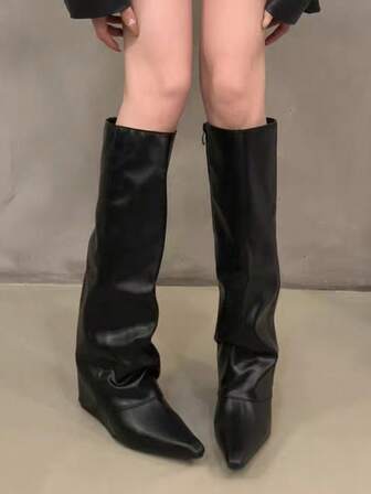 秋冬新款女士中筒时尚PU侧拉链坡跟舒适靴，西部风格侧拉链搭扣，适合度假穿着