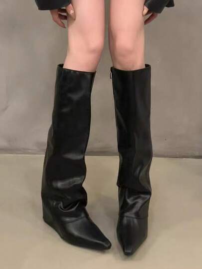 秋冬新款女士中筒时尚PU侧拉链坡跟舒适靴，西部风格侧拉链搭扣，适合度假穿着