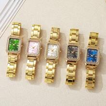 1 buc. Ceas de damă cu cuarț la modă, cu cadran pătrat simplu, carcasă placată cu aur de înaltă calitate, curea din oțel inoxidabil, potrivit pentru ziua de naștere, aniversare, cadou de Ziua Mamei