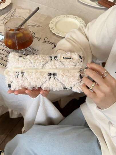 INS Bowknot High-End Makeup Bag, Faux Fur Large Capacity Cosmetic Bag, Skincare & Coin Purse, Lipstick Holder