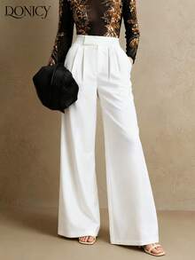 DONICY Women's Solid Color Double Pocket Straight Leg Pants, High Waist Loose Elegant Bell-Bottom Trousers, Pleated High Waist Minimalist Commuter Style, Autumn/Winter