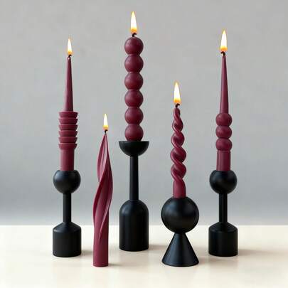 1pc Black/Burgundy Pillar Scented Candle, Wavy Pattern, Round/Hemisphere/Twisted Shape, Smokeless Soy Wax, Suitable For Ambiance Creation, Home Decor, Party, Dining Table Decoration