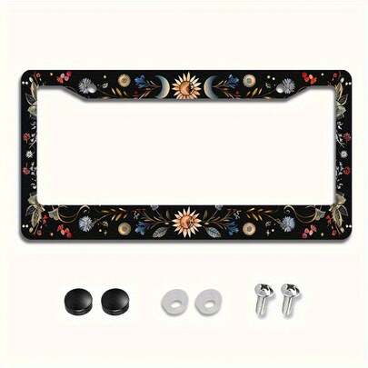 Car Frame K1pc 6.3x12.2 Inch(16x31cm) Metal License Plate Frame Cover Sun Moon Blue Butterfly Decorative License Plate Frame For Car Front And Rear License Plate, License Plate Frame, Car Accessories, Vehicle, Sun Motif, Car Tag For Front Of The Car