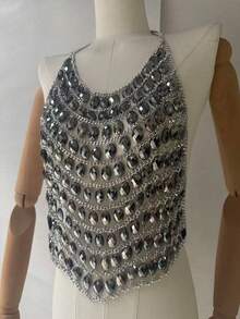 1pc Luxurious Rhinestone Embellished Halter Necklace Chain, Fashionable Multilayer Pearl Decor Body Chain Suitable For Party Outfits - Bright Silver - View 7