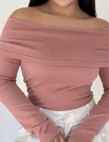 Long-Sleeved Off-The-Shoulder Blouse With Ribbed Detailing, Autumn/Winter Fashion. - 乾枯玫瑰色 - 查看 1
