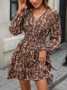 一件印花优雅梭织面料长袖轻薄连衣裙，适合海滩、度假、日常穿着、春夏假期。 - 咖啡 - 查看 4