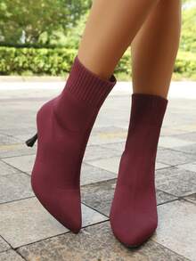 Fashion Knitted Short Boots, Pointed Thin Heel Elastic Boots, Fashionable High And Thin Autumn And Winter Thin Heel Socks Boots, Fashionable Knitted Elastic Short Boots - Burgundy - View 2