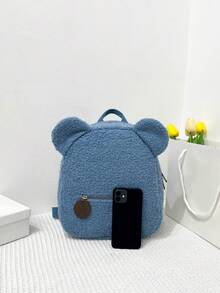 1pc Kids Sherpa Bear Zipper Closure Cute Cartoon Backpack, Suitable For Everyday Use In Autumn/Winter - Blue - View 6