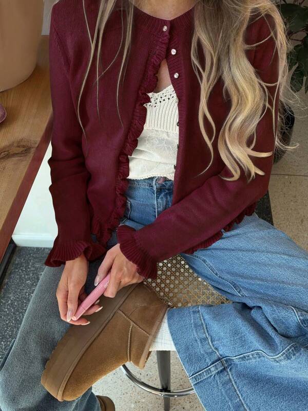 Nuevo suéter de punto de manga larga con cuello en V de color rojo borgoña sólido, elegante y de uso versátil para el diario casual, para mujer. Nuevo año.