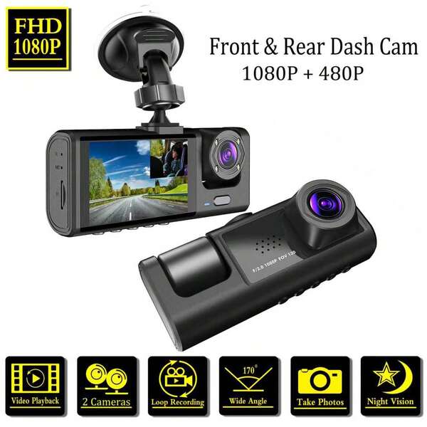 1pc,Dash Cam Front And Inside,2 Channels Dash Camera For Cars, 1080P FHD DVR Car Dashboard Camera With Loop Recording,2 Inch Display,Not Included SD Card