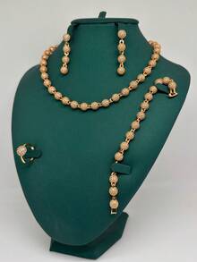 4 件套奢华全水钻首饰套装：项链、耳环、戒指、手链、闪亮白/黑色方晶锆石、女士派对、婚礼、新娘、中东、沙特、迪拜 - 金色 - 查看 2