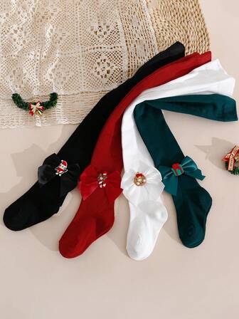 4件套可爱圣诞主题女婴紧身裤/打底裤，蝴蝶结装饰，适合节日庆祝