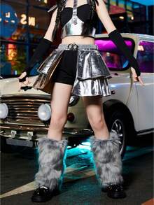 1 Pair Faux Fur Gray Leg Warmers, Fashionable Silver Metallic Costume For Jazz Dance Performance, Tech-Inspired Stage Show, Suitable For Halloween, Christmas