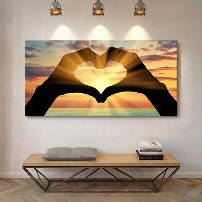 1pc Frameless Canvas Wall Art - Heart Gesture Silhouette With Sunset Seascape, Vibrant Love Theme Decor, Suitable For Living Room, Bedroom, Office Or Cafe, Perfect Gift Idea, Home Decor, Office Art