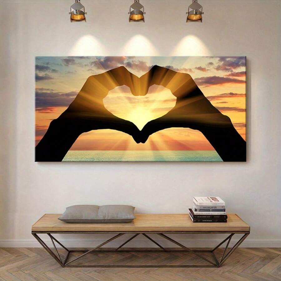 1pc Frameless Canvas Wall Art - Heart Gesture Silhouette With Sunset Seascape, Vibrant Love Theme Decor, Suitable For Living Room, Bedroom, Office Or Cafe, Perfect Gift Idea, Home Decor, Office Art - Multicolor - View 1