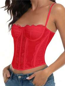 1 chiếc áo corset ren cho nữ, kiểu dáng gợi cảm, thích hợp đi dự tiệc, club, có khóa cài, phong cách thường ngày mùa hè. - Đỏ - Xem 2