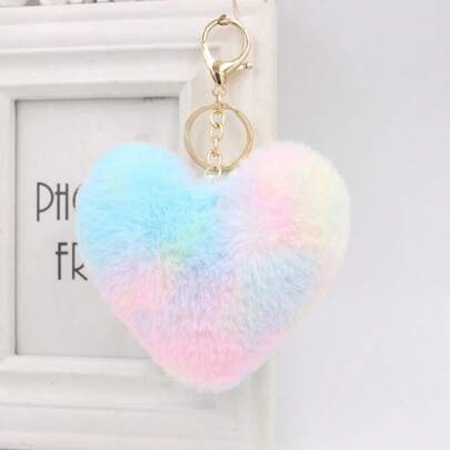 Colorful Heart Pom Pom Keychain, Cute Multicolor Faux Fur Pendant, Women's Car & Bag Decoration
