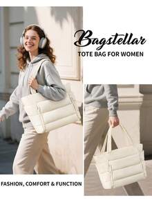 Puffer Tote Bag For Women, Lightweight Puffy Work Handbag Teacher Nurse Quilted Shoulder Bag For School Travel Gym - 米色 - 查看 8