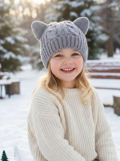 1pc Unisex Kids Knitted Hat, New Korean Style Simple Cat Ear Design, Winter Warm Knit Hat For Boys And Girls