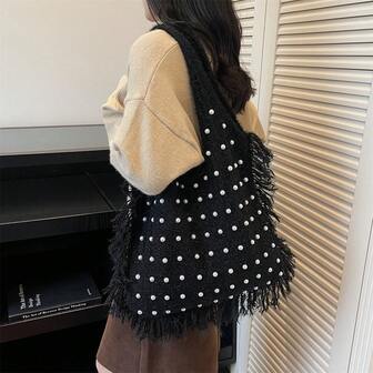 New Loose Knit Pearl Decor Large Capacity Tote Bag, Versatile Shoulder Bag For Commuting, College Students, Bucket Bag With Long Tassel, Suitable For Shopping