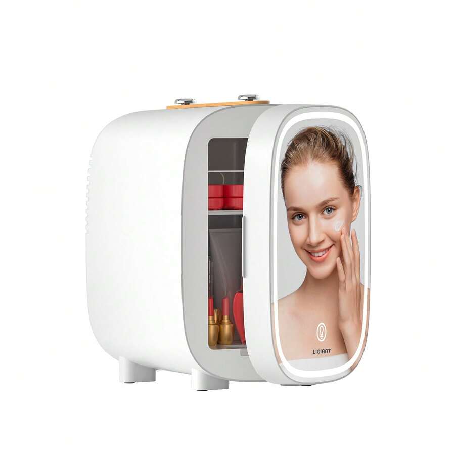 DOVAMAN Mini Cosmetic Fridge, 4L Mini Fridge With 3-Level LED Mirror, Low Noise, Small Skincare Fridge With Cooling And Heating Function, Portable Design For Bedroom, Office And Car - 查看 1
