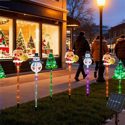 1 Set 6-In-1 Solar Christmas Lights, Outdoor Ground , With Santa, Snowman, Tree Design, Christmas Atmosphere Lighting, 8 Color Modes LED Lights, Suitable For Courtyard, Garden, Pathway, Lawn Lighting